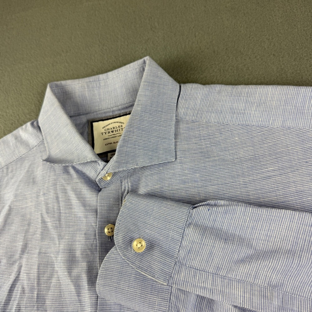 Charles Tyrwhitt Shirt Men's 17 37 Blue Linen Blend Extra Slim Fit Dress Casual